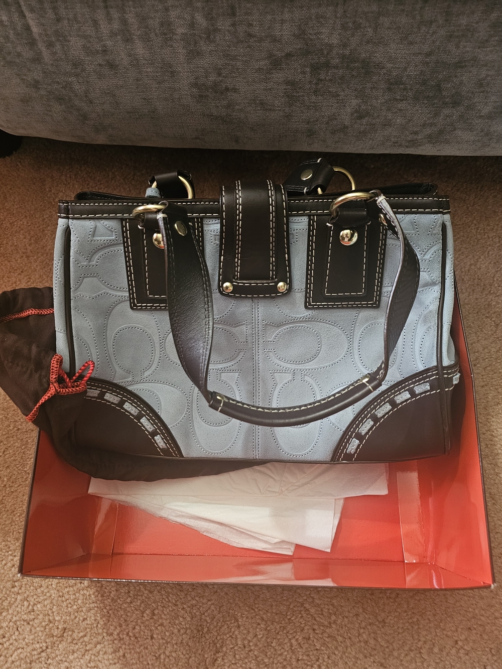 Coach Light Blue Embossed Signature Satchel with Dark Brown Trim - Picture 3 of 7